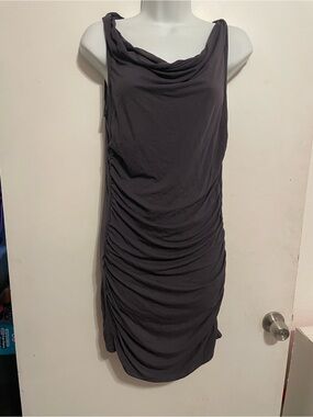 Draped One-Shoulder Ruched Dress in Charcoal Gray